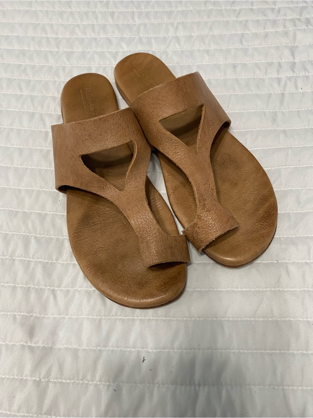 Bed Stu Tan Leather T-Strap Slide Sandals